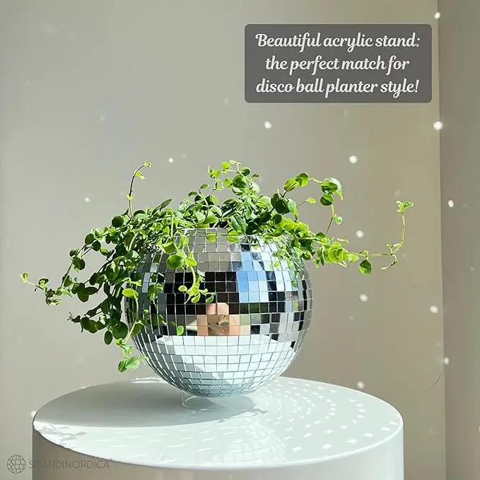 SCANDINORDICA Disco Ball Planter – Value Package: Disco Planter with Chain, Macrame Hanger and Acrylic Stand, Includes Self Watering Insert, Preppy Room Decor, Funky Decor | 8 inch Silver by GreenHaven Gardens
