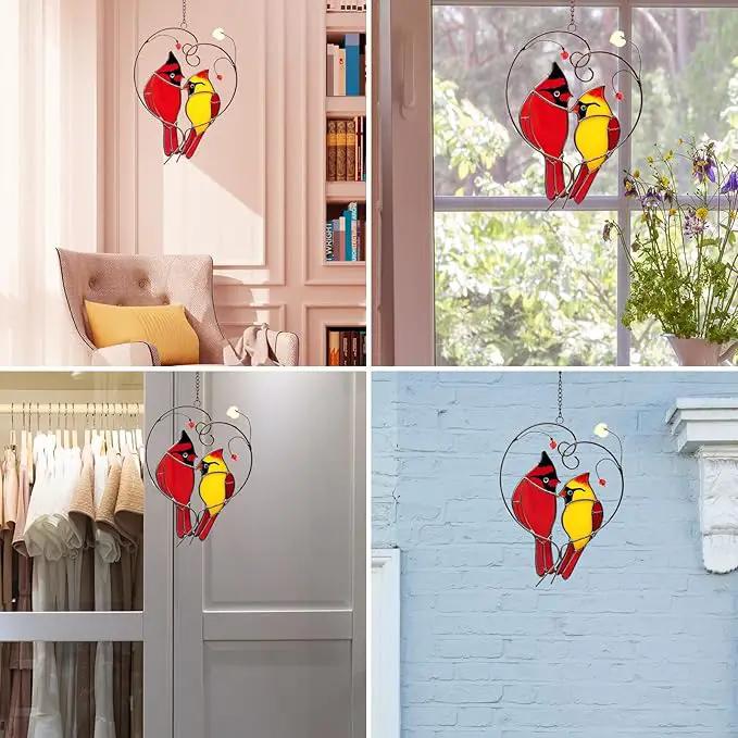 Cardinal Suncatchers Stained Glass for Windows Hangings,Male & Female Cardinal Stained Glass Sun Catchers,Stained Glass Red Love Birds Home Ornament,Gifts for Women by GreenHaven Gardens