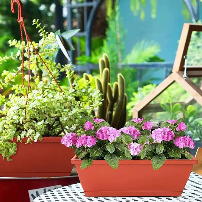 Window Box Planter, 12 Pack Plastic Vegetable Flower Planters Boxes 17 Inches Rectangular Flower Pots with Saucers for Indoor Outdoor Garden, Patio, Home Decor (Brick red) by GreenHaven Gardens