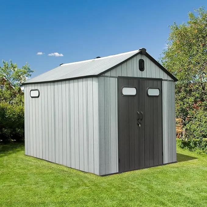 Domi 8x10 FT Outdoor Resin Storage Shed, All-Weather Double-Wall Garden Shed for Backyard, Lawn Tools, Bike, Mower & Pool Equipment with Lockable Doors, Ventilated Roof, Grey by GreenHaven Gardens