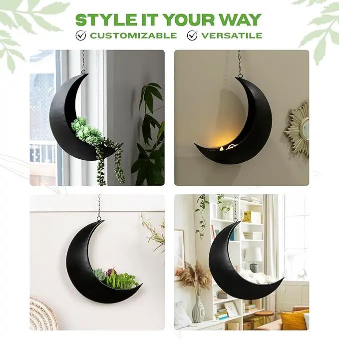 Black Hanging Moon Planter with Drain Holes - Moon Room Decor - Unique Planters for Succulents,Air Plant, Cactus, Artificial Plants- Plant Lover Gifts - Boho,Hippie, Birthdays,Witchy Gifts for Women by GreenHaven Gardens