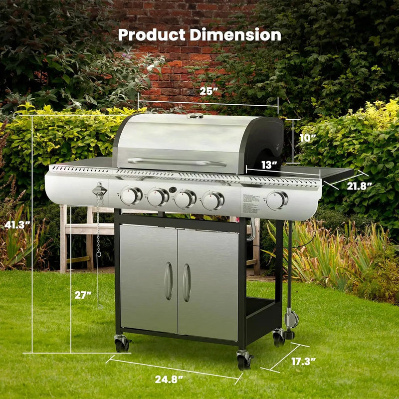 G41 Gas Grill,4-Burner Gas BBQ Grill with Side Burner, Porcelain-Enameled Cast Iron Grates, Baking Pan, 42,000 BTU Stainless Steel Propane Grill for Outdoor Cooking and Patio Barbecues by GreenHaven Gardens