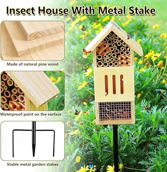 Wooden Insect House, Bee House with Metal Stake for Gardens, Insect Hotel & Butterfly Hotel on The Ground or Hanging on Tree Wall, Natural Insect Habitat for Bee, Butterfly, Ladybirds, Bugs by GreenHaven Gardens