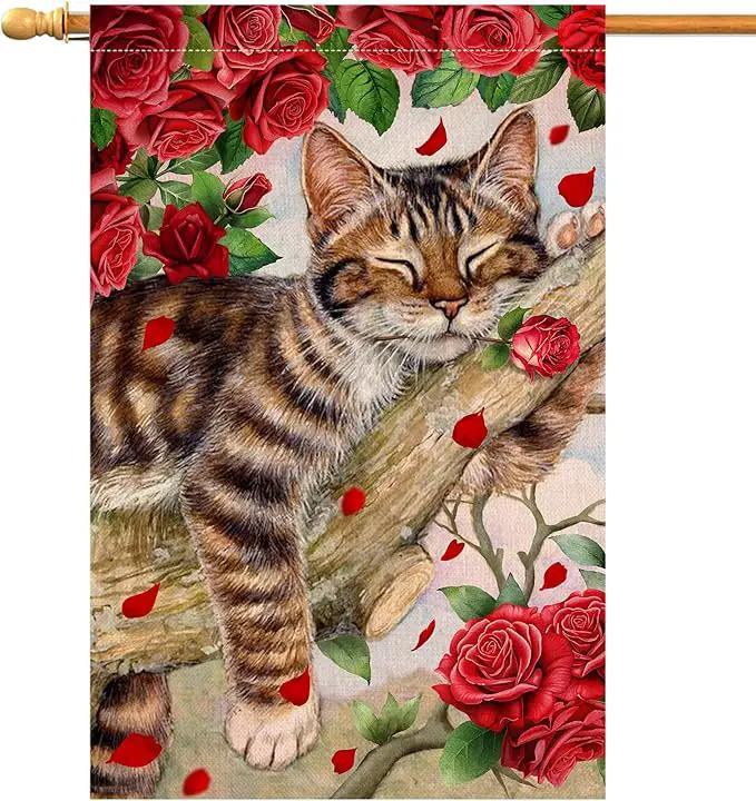 BLKWHT Valentines Cat House Flag 28 x 40 Vertical Double Sided Red Roses Spring Farmhouse Holiday Outside Decorations Burlap Yard Flag BW757-40 by GreenHaven Gardens