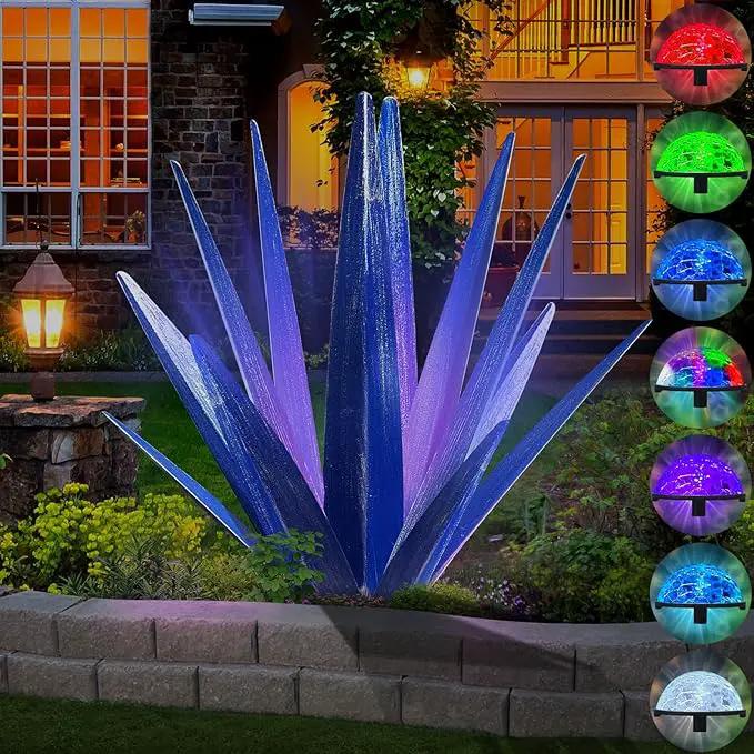 Large Tequila Rustic Sculpture, Rustic Metal Agave Plants for Outdoor Patio Yard, Home Decor Hand Painted Metal Agave Garden Yard Statue, Outdoor Lawn Ornaments (Dark Blue - L (W/Solar Light)) by GreenHaven Gardens