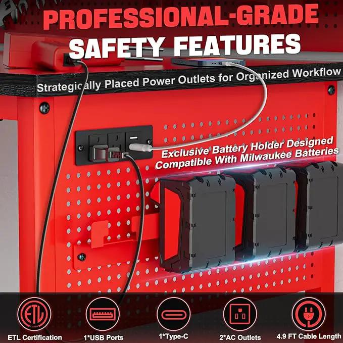 47" Heavy Duty Adjustable Workbench with Power Outlets, Pegboard & Locking Wheels - 2100LB Capacity Garage Work Table, Compatible with Milwaukee Battery, Reinforced Steel Frame for Workshop & Home Use by GreenHaven Gardens