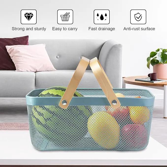 Portable Garden Harvest Basket-Mesh Design Natural Bamboo Handle Wire Storage Baskets,Mesh Basket with Handle Organize Items Reduce Space Occupation,Suitable for Kitchen,Garden,Picnic(Blue) by GreenHaven Gardens