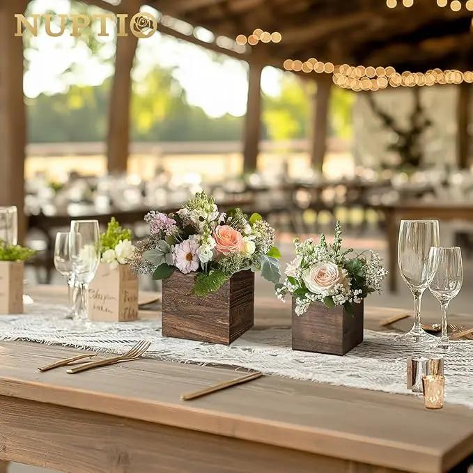 NUPTIO Wooden Box for Centerpiece Wedding: 6 Pcs Rustic Square Planter Box for Christmas Centerpiece Table Fall Decorations - 4×4" & 5×5" Small Wood Vases Flower Pots for Windowsill Home Garden Decor by GreenHaven Gardens