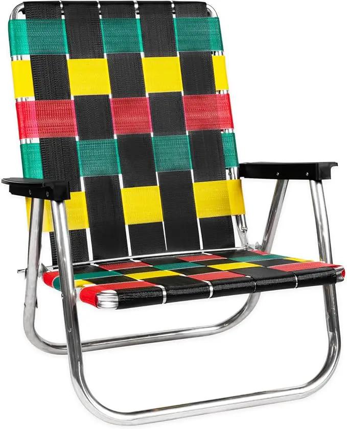 Lawn Chair USA Folding Aluminum Outdoor Patio Lawn Chair | Heavy-Duty Webbed Chairs for Camping, Sports, Beach, Yard & Tailgating | Lightweight Portable | High Back Beach Chair - Rasta Flag by GreenHaven Gardens