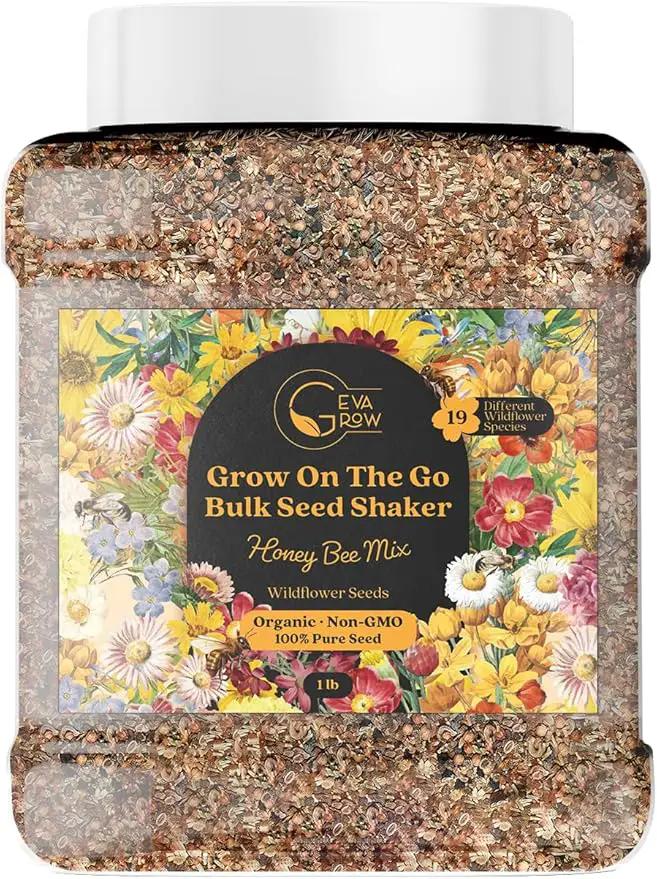 Bulk Wildflower Seed Mix – Honey Bee Wildflower Seed Mix 1 Pound Tub by GevaGrow | Bulk 300,000+ Seed Tub | 19 Variety Flower Seeds for Planting in Pots & Outdoor Gardens | No Messy Bags or Packets | by GreenHaven Gardens
