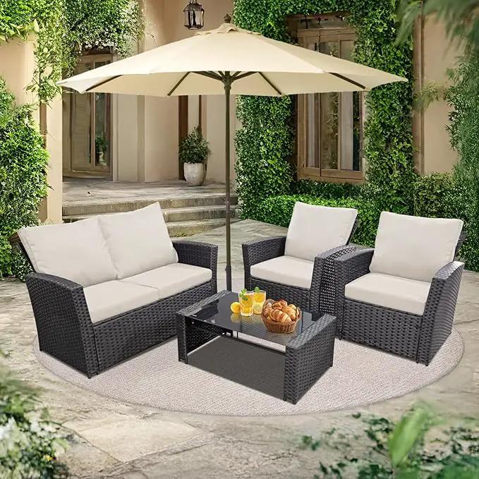 4 Piece Outdoor Patio Furniture Set,Wicker Conversation Sets Outdoor Sectional Patio Sofa Couch with Cushions & Coffee Table for Outside, Garden, Balcony, Porch,Black/Beige by GreenHaven Gardens