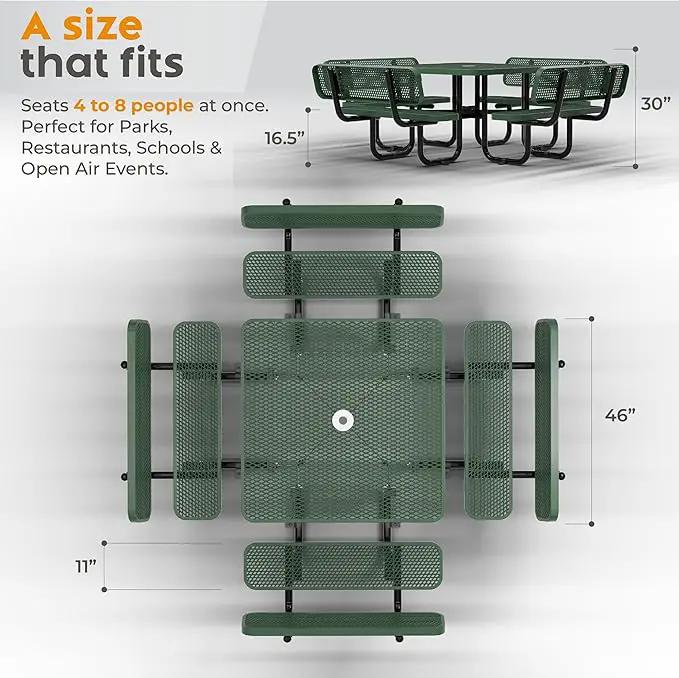 Metal Picnic Tables for Outdoors with Umbrella Hole - Coated Steel Heavy Duty Commercial Grade Table with Adjustable Seats (Green, 46 in, Square with Back, Expanded Steel) by GreenHaven Gardens