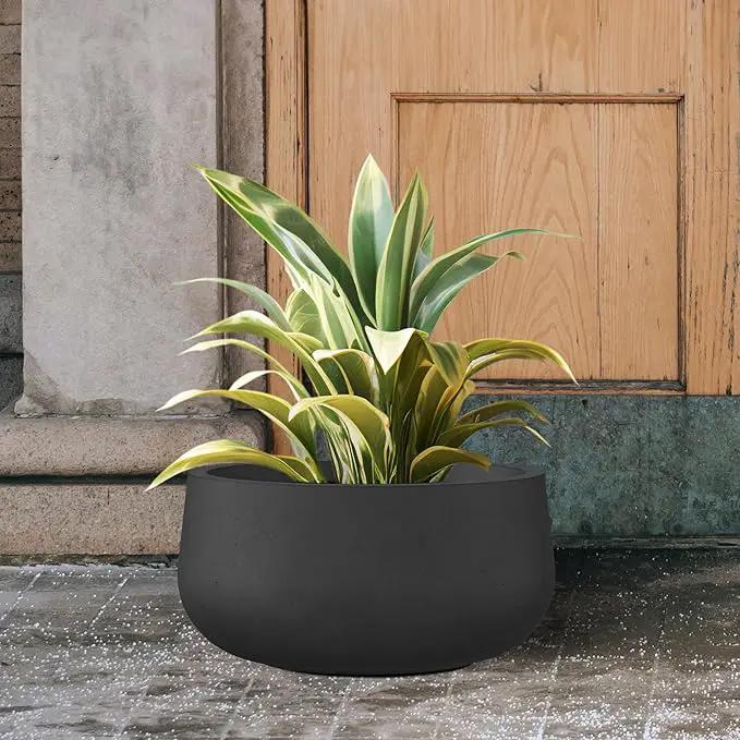 Kante 11.8" Dia Round Concrete Planter, Cement Plant Pots with Drainage Hole and Rubber Plug for Outdoor Indoor Garden Home, Modern Curvaceous Design, Black by GreenHaven Gardens