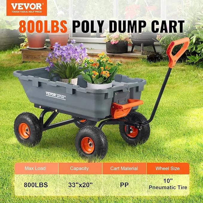 VEVOR 800lbs Poly Dump Garden Cart, Heavy Duty Yard Dump Cart Wagon, 4 Wheel Wheelbarrow with 10in Tires, 180°Rotating Handle, Steel Frame and Quick Release System by GreenHaven Gardens