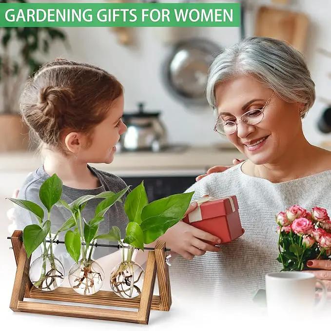 YIBOT Plants Propagation Stations,Desk Plant Terrarium with Retro Wooden Stand,Plant Lover Gifts for Women for Hydroponics Plants Home Garden Wedding Decor(3 Bulb Vase) by GreenHaven Gardens