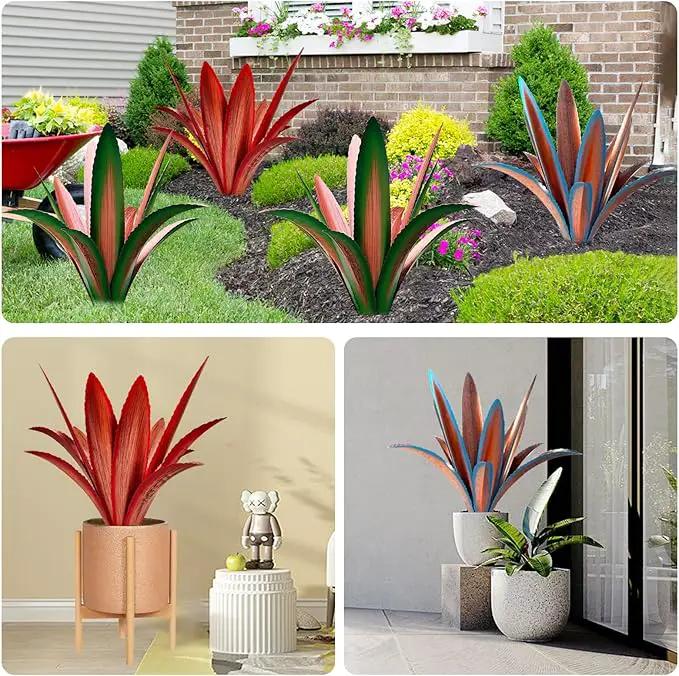 Enlarge Thickened Wind Resistant Metal Agave Garden Art Metal Plant Country Garden Sculpture Statue Outdoor Decoration Agave Metal Plant Courtyard Garden Lawn Ornament Gift (1, 12 Leaves red) by GreenHaven Gardens