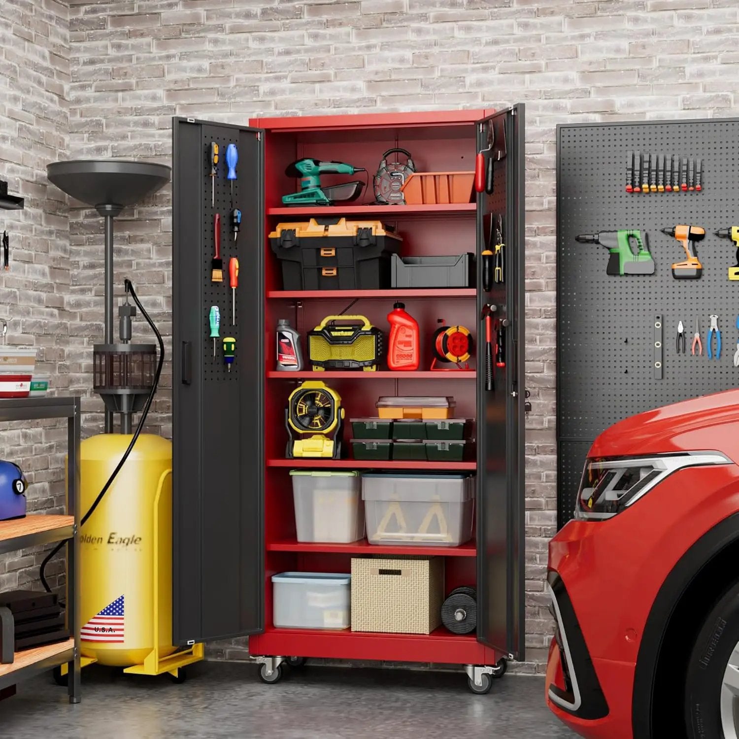71" H×32" W×16" D Garage Storage Cabinet with Wheels, Locking Metal Storage Cabinet with 5 Adjustable Shelves, 4 Hooks and Pegboard for Garage, Home Office, Kitchen, Black and Red by GreenHaven Gardens
