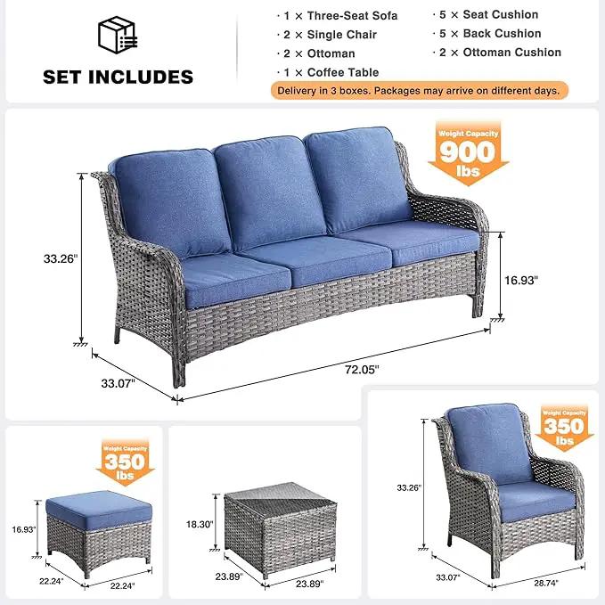 ovios 6 Pieces Patio Furniture Set, Outdoor Wicker Sofas with Glass Coffee Table and Comfy Cushions, All Weather High Back Couch Set for Deck Porch, Grey Rattan, Denim Blue by GreenHaven Gardens