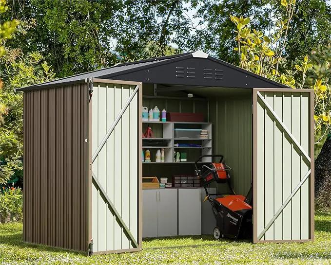 Greesum Outdoor Storage Shed 6 x 8 ft. Utility Tool Shed Metal Storage Garden Shed with Door & Lock for Patio Storage, Brown by GreenHaven Gardens