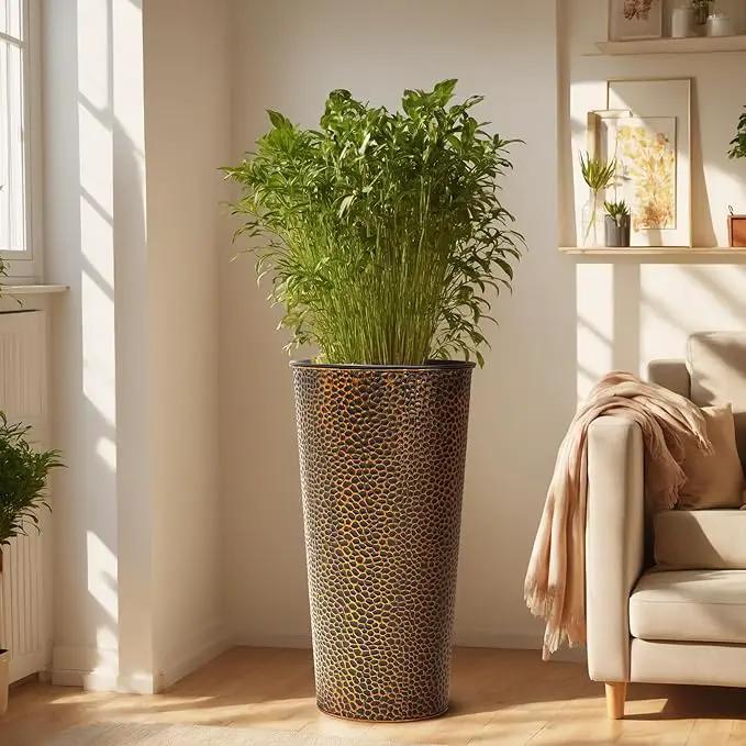 KOL 28" H. Tall Metal Cone Planters with Inner Pots 2-Pack, Bronze Hand-Hammered Large Decor Planter for Deck, Patio, Porch - Handcrafted Flower Pot - with Water Level Indicator - Indoor Outdoor Use