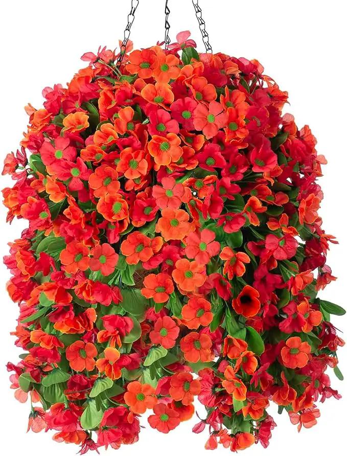 Artificial Hanging Flowers in 12 inch Basket, Fake Fall Plant Silk Orchid Flower Arrangement with Hanging Basket Daisy Planter for Patio Garden Porch Deck Summer Autumn Yard Decoration(Red Orange) by GreenHaven Gardens