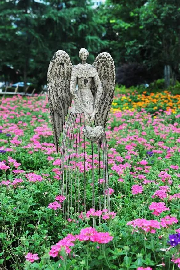 Morning View Metal Angel Statue Decor for Garden Yard Art Outdoor Standing Large Angel Decorations with Heart Antique Patio Patio Lawn Holiday Christmas 32 Inches Tall by GreenHaven Gardens