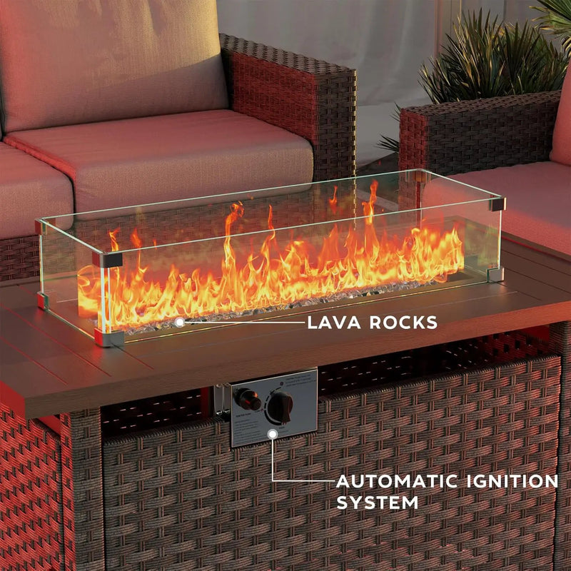 Propane Fire Pit Table Outdoor,44" 60000BTU Auto-Ignition Fire Table with Wind Guard Square Large Wicker Firepits for Porch Garden(Grey,CSA Certified) by GreenHaven Gardens