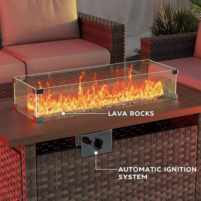 Propane Fire Pit Table Outdoor, 44" 60000BTU Auto-Ignition Fire Pits Table with Wind Guard Square Large Wicker Propane Firepits for Porch Garden(Grey,CSA Certified) by GreenHaven Gardens