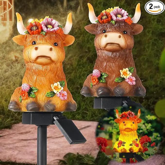 2 Pack Highland Cow Solar Lights Outdoor Garden Gnome Statues Resin Lamp Decor Waterproof Stake Lights Highland Cow Gifts for Yard Patio Lawn Decor by GreenHaven Gardens