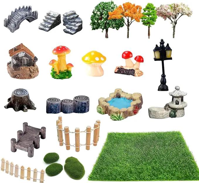 23 Pcs Fairy Garden Miniatures Jumping Spider Enclosure Accessories, Mini Bridge Fence Pond Street Lamps Mushroom Lawn Figurines Garden Decorations for Jumping Spider Habitat by GreenHaven Gardens