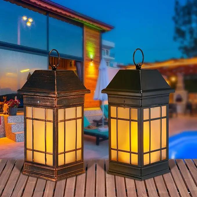 14" Solar Lantern Outdoor Waterproof, Glass Flickering Flame Solar Lanterns, Hanging Metal Lantern Decorative for Patio Front Porch Garden Backyard Tabletop Party Decoration by GreenHaven Gardens