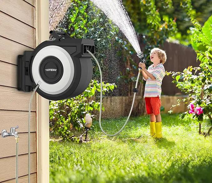 Tuyeho Retractable Garden Hose Reel 5/8" x 90 ft, Wall Mount Water Hose Reels with Automatic Slow Rewind System, Outdoor Hoses Reel with 2 Hose Nozzles for Garden Watering, Car Wash, Pet Shower by GreenHaven Gardens