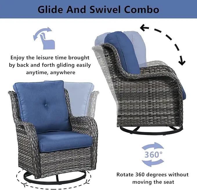 Wicker Outdoor Furniture Patio Furniture Set - 6 Piece Patio Conversation Set with Swivel Rocker Chairs, Loveseat Sofa, Ottomans and Coffee Table, Blue Cushion by GreenHaven Gardens