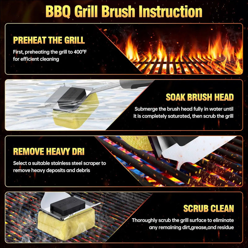 Grill Cleaning Brush Bristle Free for Outdoor Grill Brush Extended Handle for Cast Iron Stainless-Steel Grates, Replaceable BBQ Cleaner Brush Head, Steam Safe Grill Brush with Scraper, Black by GreenHaven Gardens