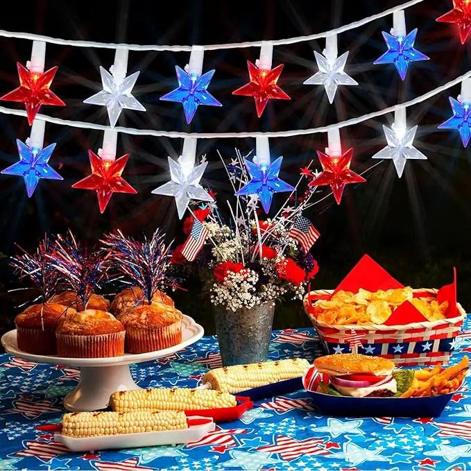 50 LED Red White and Blue Star Lights, 18.5FT 4th of July Lights Plug in, Patriotic Decorations Outdoor Star String Light for Home Patio Porch Garden Memorial Day Independence Day Decor, White Wire by GreenHaven Gardens