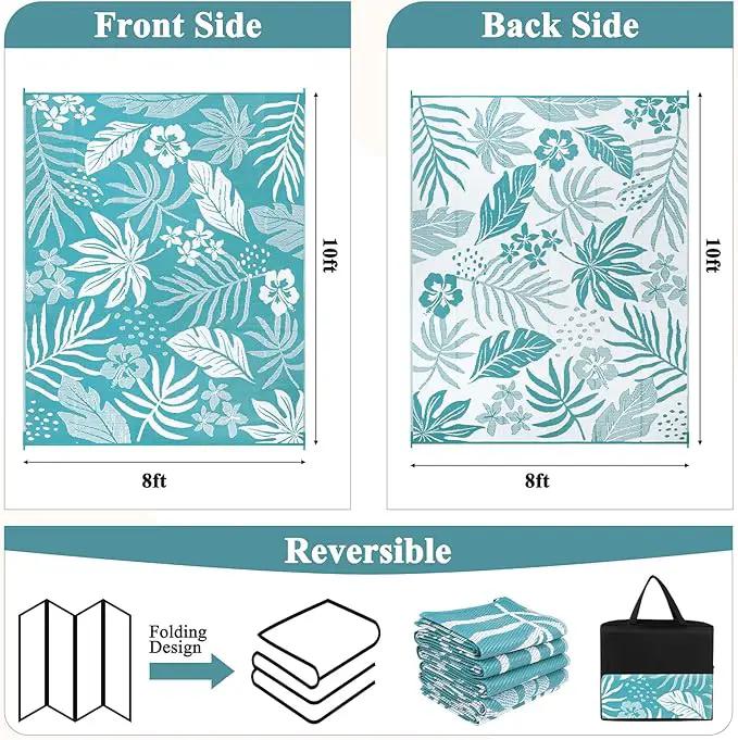 Pauwer Waterproof Outdoor Rug 8x10, Reversible Plastic Straw Patio Camping Rug, Indoor Outdoor RV Mat Carpet for Deck, Camper, Porch, Balcony, Backyard, Picnic, Floral Teal by GreenHaven Gardens