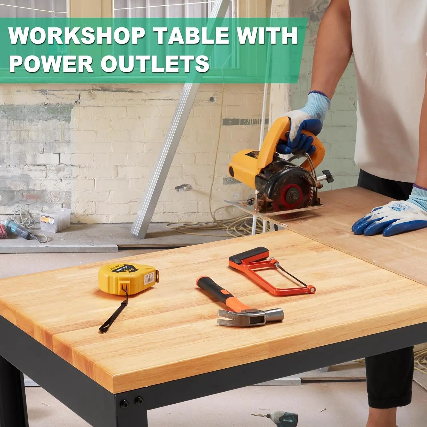 HABUTWAY Height Adjustable Workbench, 60"x20" 2000 Lbs Capacity Solid Wood Work Station Heavy-Duty, with Power Outlets, for Garage Party Shop Office by GreenHaven Gardens