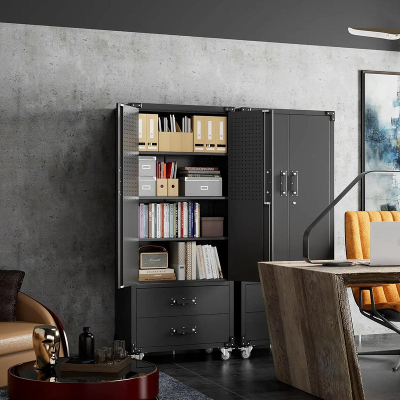 Aobabo 2 Large Drawer Metal Storage Cabinet with Wheels, Lockable Steel Storage Cabinet with 3 Adjustable Shelves and 6 Hooks for Home, Office, Garage, Classroom, Black, Assembly Required by GreenHaven Gardens