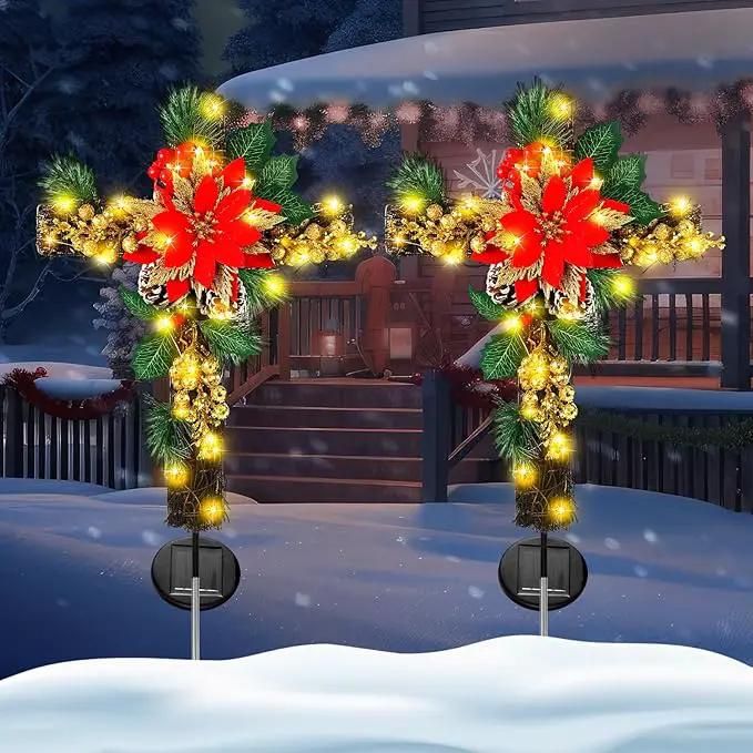 Ganeen 2 Pcs Solar Stake Christmas Outdoor Decorations Christmas Yard Stake Decor LED Lights Cemetery Grave Cross Poinsettia Decor for Holiday Garden Pathway Lights (Poinsettia) by GreenHaven Gardens