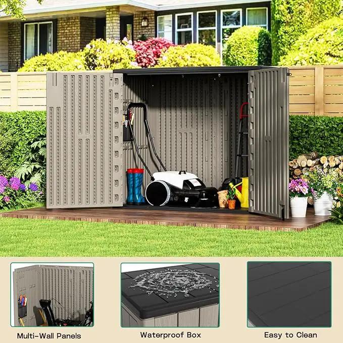 KINYING Outdoor Horizontal Storage Sheds,Outdoor Storage Cabinet Waterproof Resin Tool Storage Box for Lawn Mower,Garden Tools and Patio Furniture, Lockable (Brown) by GreenHaven Gardens