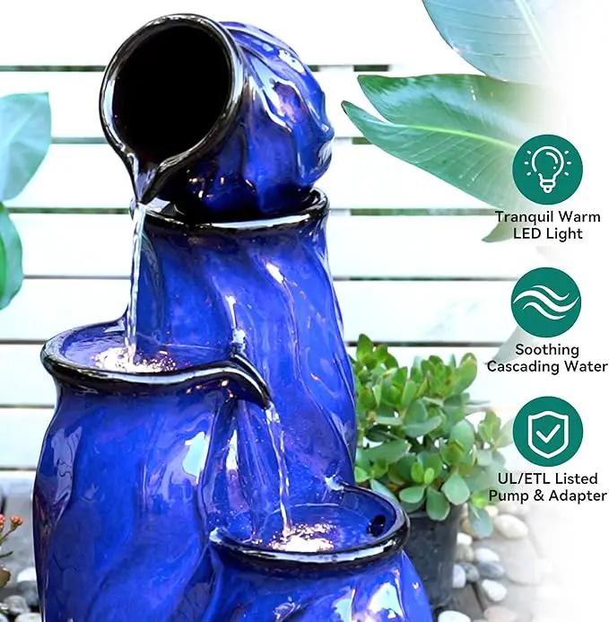 29" Tall Ceramic Water Fountain Outdoor with LED Lights, 4-Tier Cascading Waterfall Garden Fountain, Ideal for Serene Relaxing Patio, Yard or Porch, Cobalt Blue Glaze, Dynamic Wave-Texture by GreenHaven Gardens
