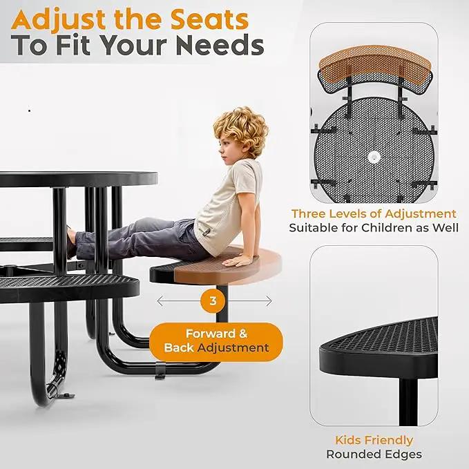 Metal Picnic Tables for Outdoors with Umbrella Hole - Coated Steel Heavy Duty Commercial Grade Table with Adjustable Seats (Black, 46 in, Round, Expanded Steel) by GreenHaven Gardens
