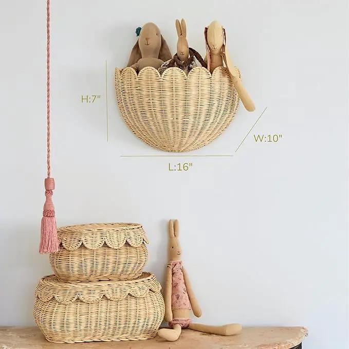 BEBE BASK Scalloped Wicker Wall Basket - The Original - Hand Woven Basket - Scalloped Décor Wall Hanging Baskets -16" x 10" x 7"In - Hanging Wall Basket (Natural) by GreenHaven Gardens