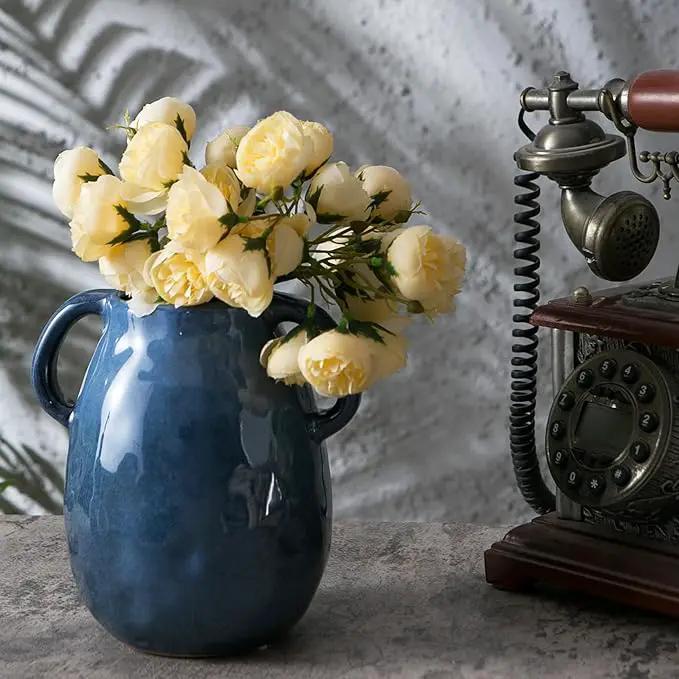 Blue Ceramic Vase with 2 Handles - Modern Farmhouse Rustic Terracotta Decorative Clay Boho Vase for Pampas Grass and Home Decor by GreenHaven Gardens