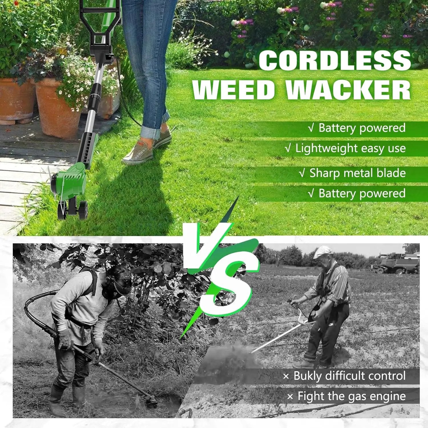 Electric Weed Wacker Eater Cordless Battery Powered, Weed Trimmer 21V Lightweight No-String with 2 Battery Operated & Wheels, 3 in 1 Stringless Grass Trimmer/Edger/Brush Cutter for Garden Yard Lawn by GreenHaven Gardens