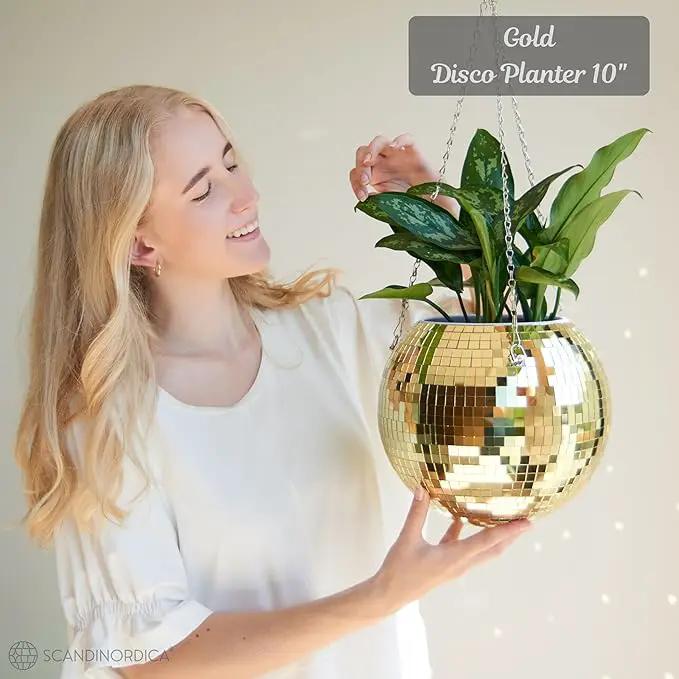 SCANDINORDICA Disco Ball Planter – Value Package: Mirror Disco Planter with Chain, Macrame Hanger and Acrylic Stand for Desk, Includes Self Watering Pot, Plant Accessories | 10 inch Gold by GreenHaven Gardens