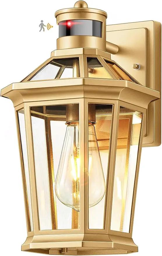 VIANIS Gold Outdoor Wall Lights with Motion Sensor, Dusk to Dawn Outside Porch Lights Lantern, Waterproof Weather Resistant Exterior Lights for House, Doorway, Garden, Home with Clear Glass Shade by GreenHaven Gardens