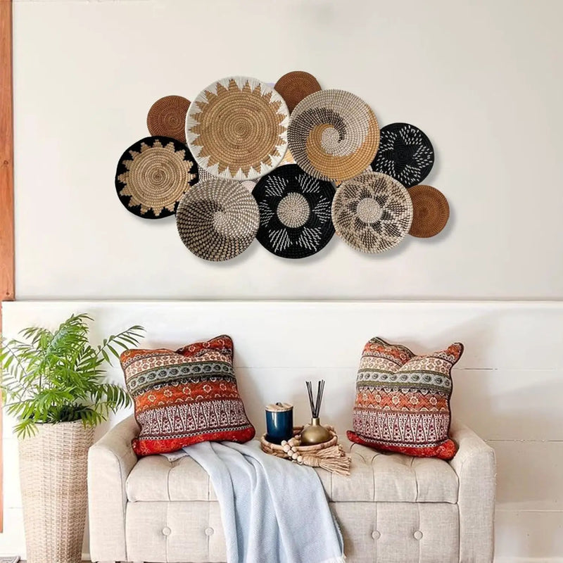 Set of 10 Handcrafted Boho Wall Basket Decor, Wall Hanging Baskets, Decorative Plates for Wall, Handmade from Vietnam Unique Wicker Wall Art Decor by GreenHaven Gardens