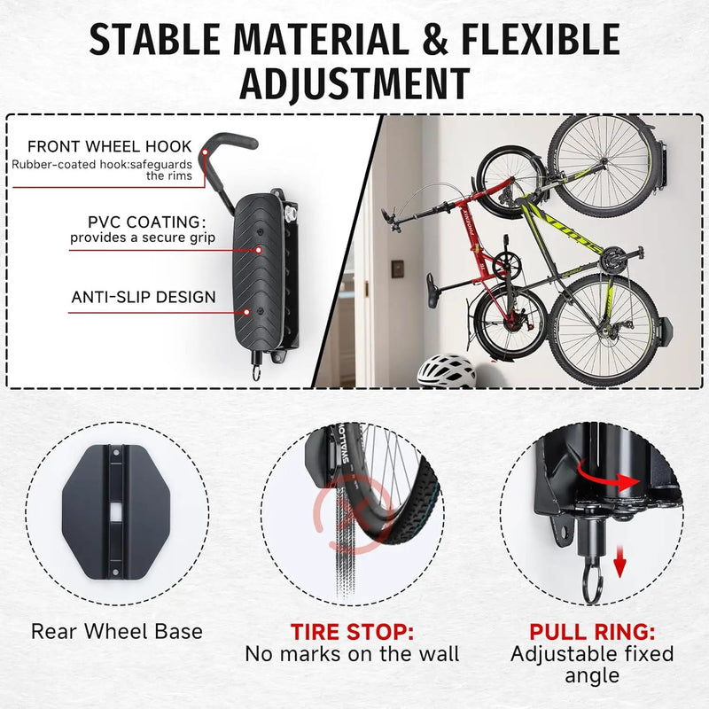 Bike Rack Garage,Bike Wall Mount, 150° Swivel & Space-Saving Vertical Bike Hangers for Storage, Sturdy Bike Stand Holds Up to 66lbs, Easy to Install, 4 Pack by GreenHaven Gardens