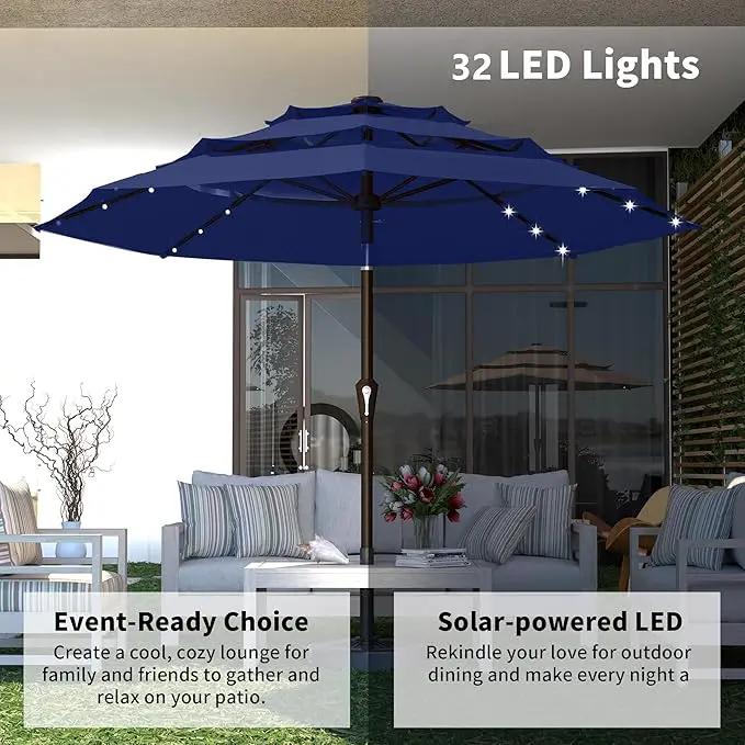 Kingdura 9ft 3-Tier Patio Umbrella with Solar Lights, Table Umbrella Outdoor Patio with Easy Crank & Tilt, 8 Sturdy Ribs, UV Protection, 32 LED Lights for Deck, Poolside, Market (Navy blue) by GreenHaven Gardens